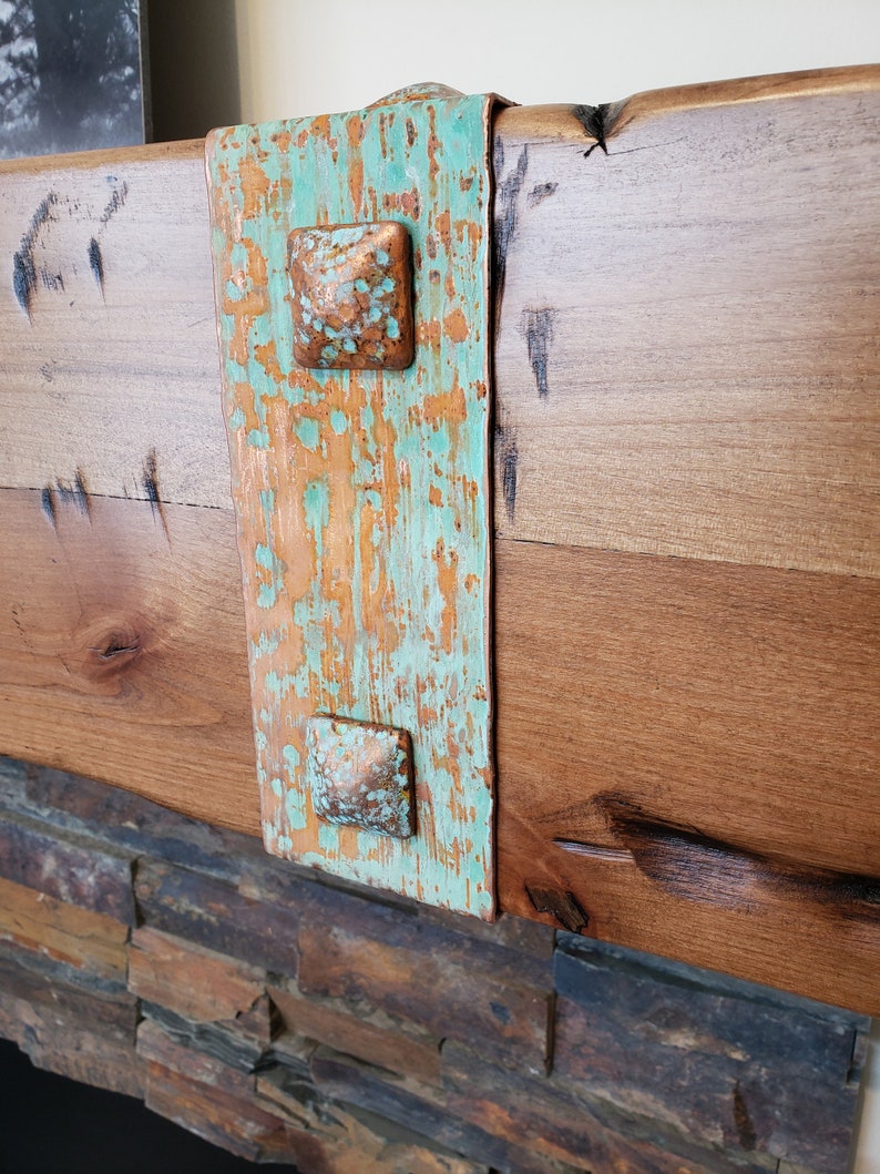 Montana Fireplace Mantel - Salvaged Patina Copper Straps & Nails