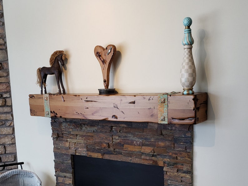 Montana Fireplace Mantel - Salvaged Patina Copper Straps & Nails